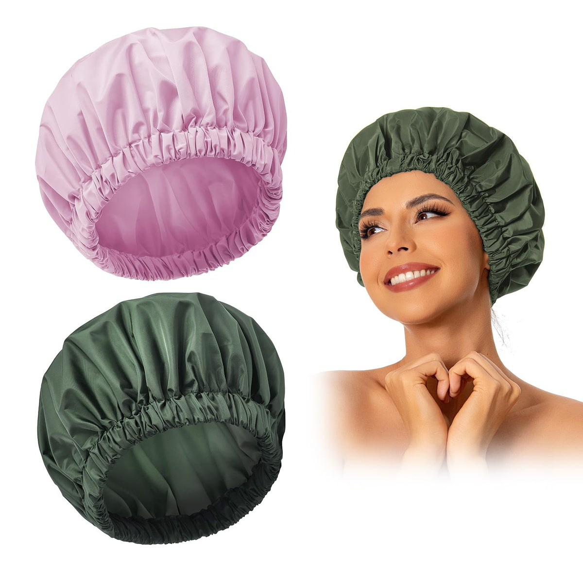 Edoneery Reusable Shower Cap For Women - Large Waterproof Elastic Bath Hat (Green & Purple)