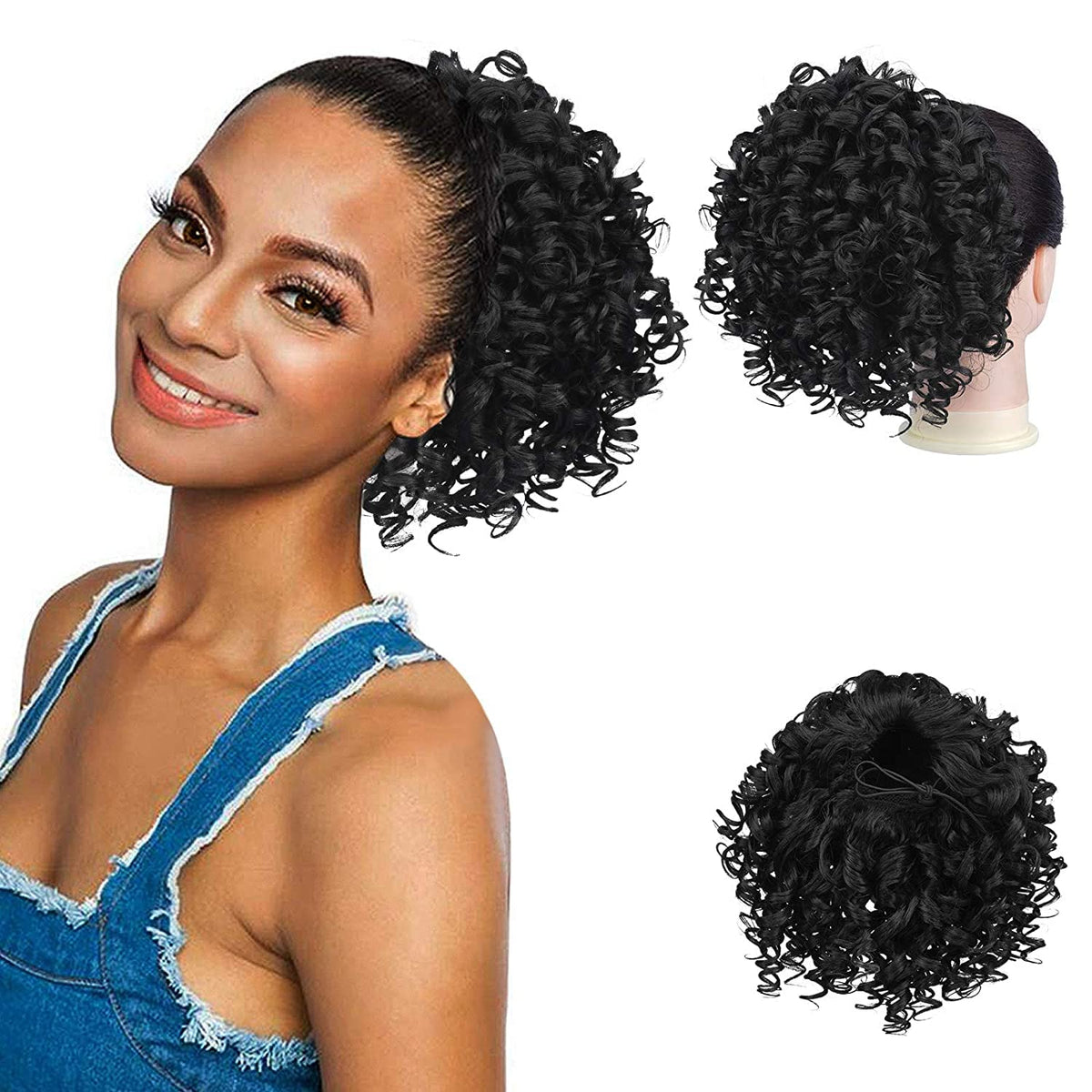 Peacoco 6 Inch Short Curly Drawstring Ponytail Hair Piece For Black Women & Kids, 1B