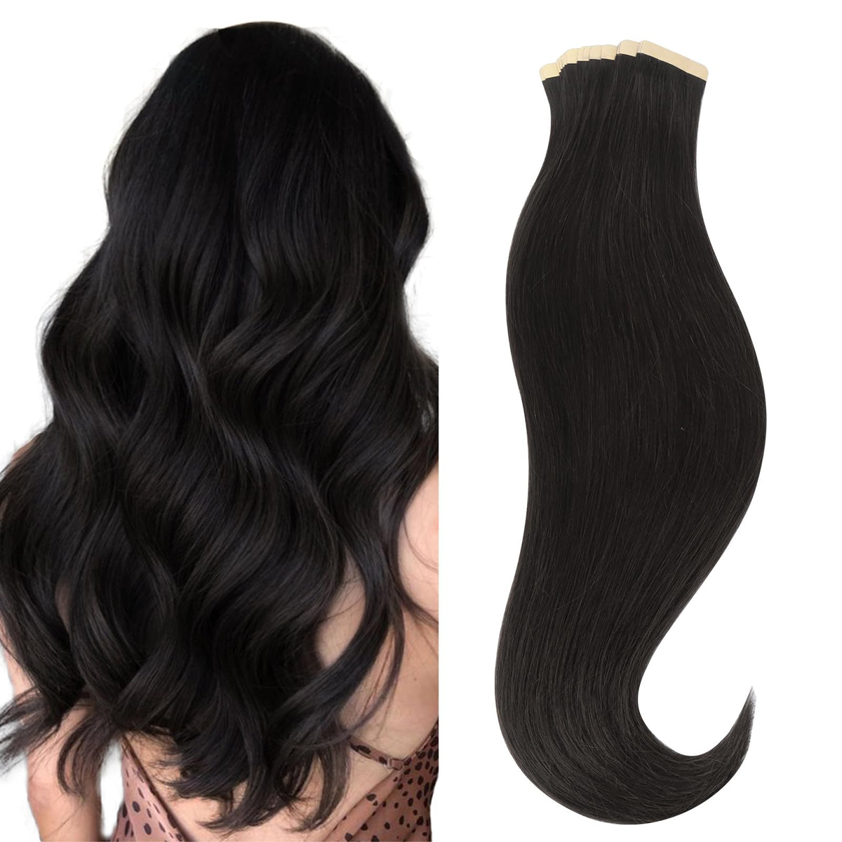 Hotbanana 16&quot; Tape In Hair Extensions, 20Pcs Remy Human Hair, Natural Black