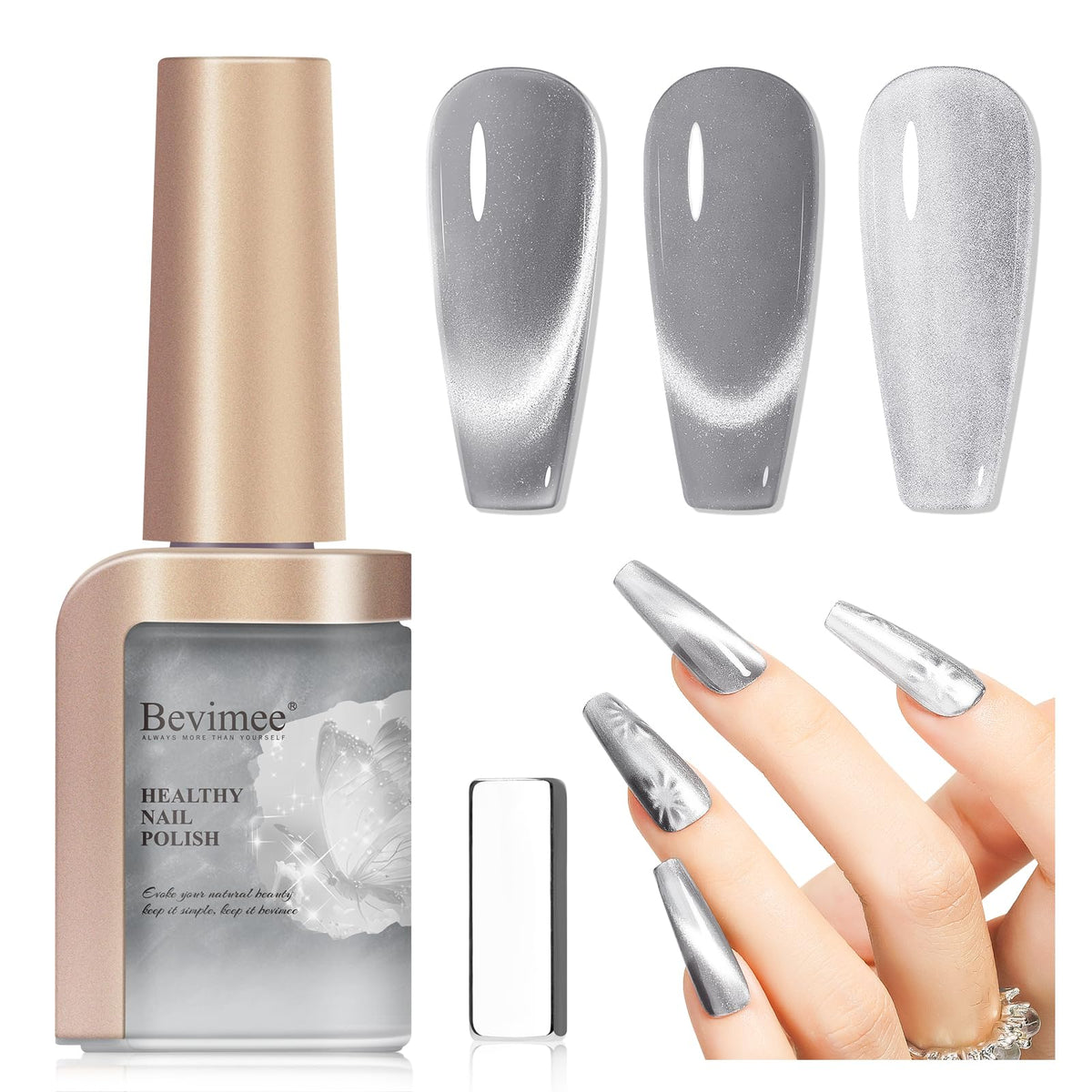 Bevimee Cat Eye Magnetic Nail Polish, Silver Metallic Holographic, Quick Dry, 0.41 Fl Oz