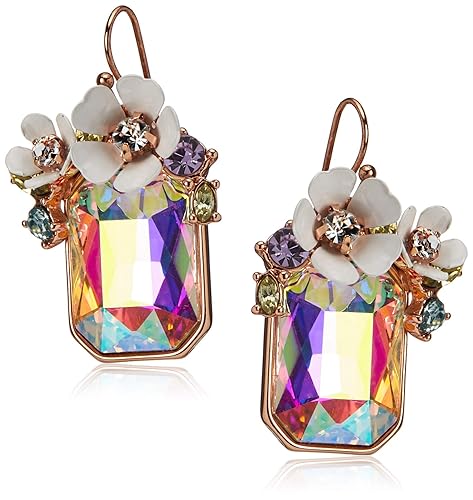 Betsey Johnson Multicolor Flower Cluster Stone Drop Earrings In Rose Gold-Tone Metal