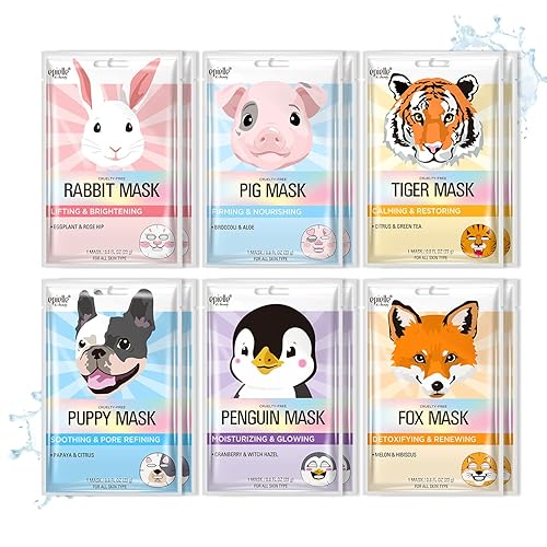 Epielle Character Sheet Masks - 12pk Korean Beauty Masks for Kids & Spa Parties, Assorted Designs