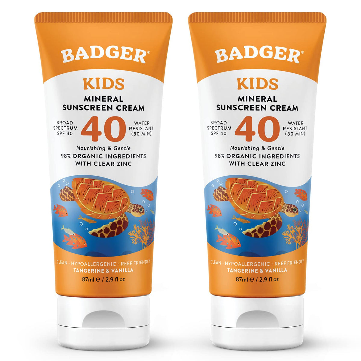 Badger Kids Sunscreen Cream Spf 40 - Organic Mineral, Water Resistant, Reef Friendly, 2 Pack