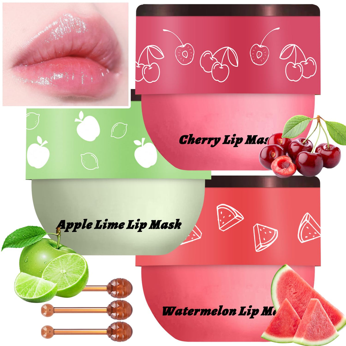 Meilury 3 Pcs Bee Lip Balm Set - Cherry, Watermelon & Apple Overnight Hydrating Mask