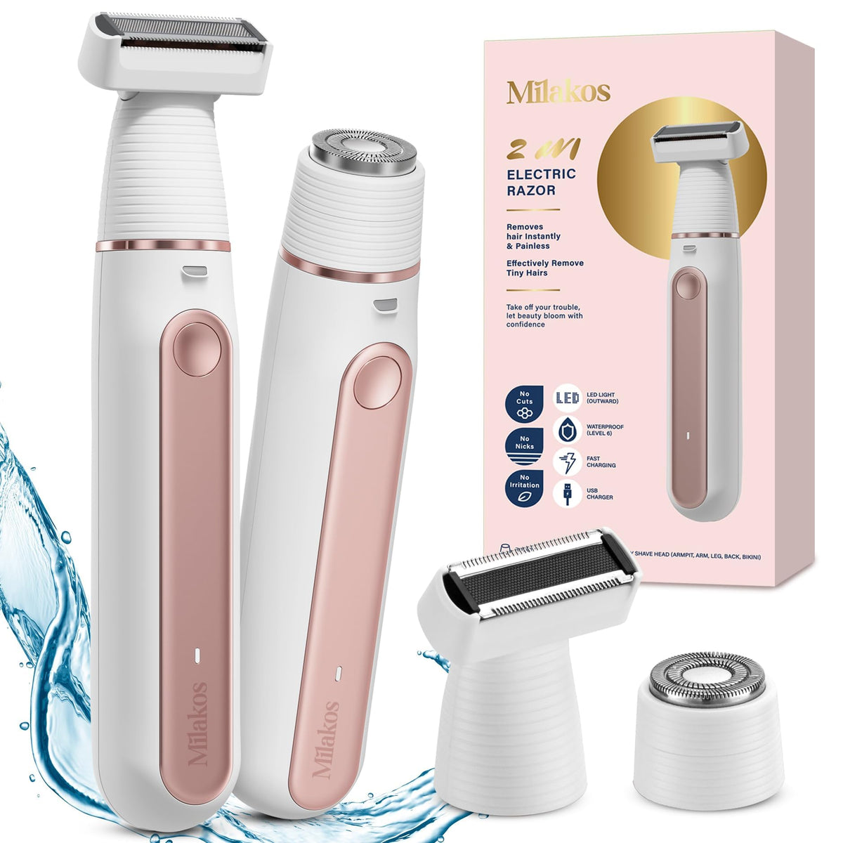 Milakos 2 In 1 Bikini Trimmer For Women, Waterproof Electric Shaver For Body & Face