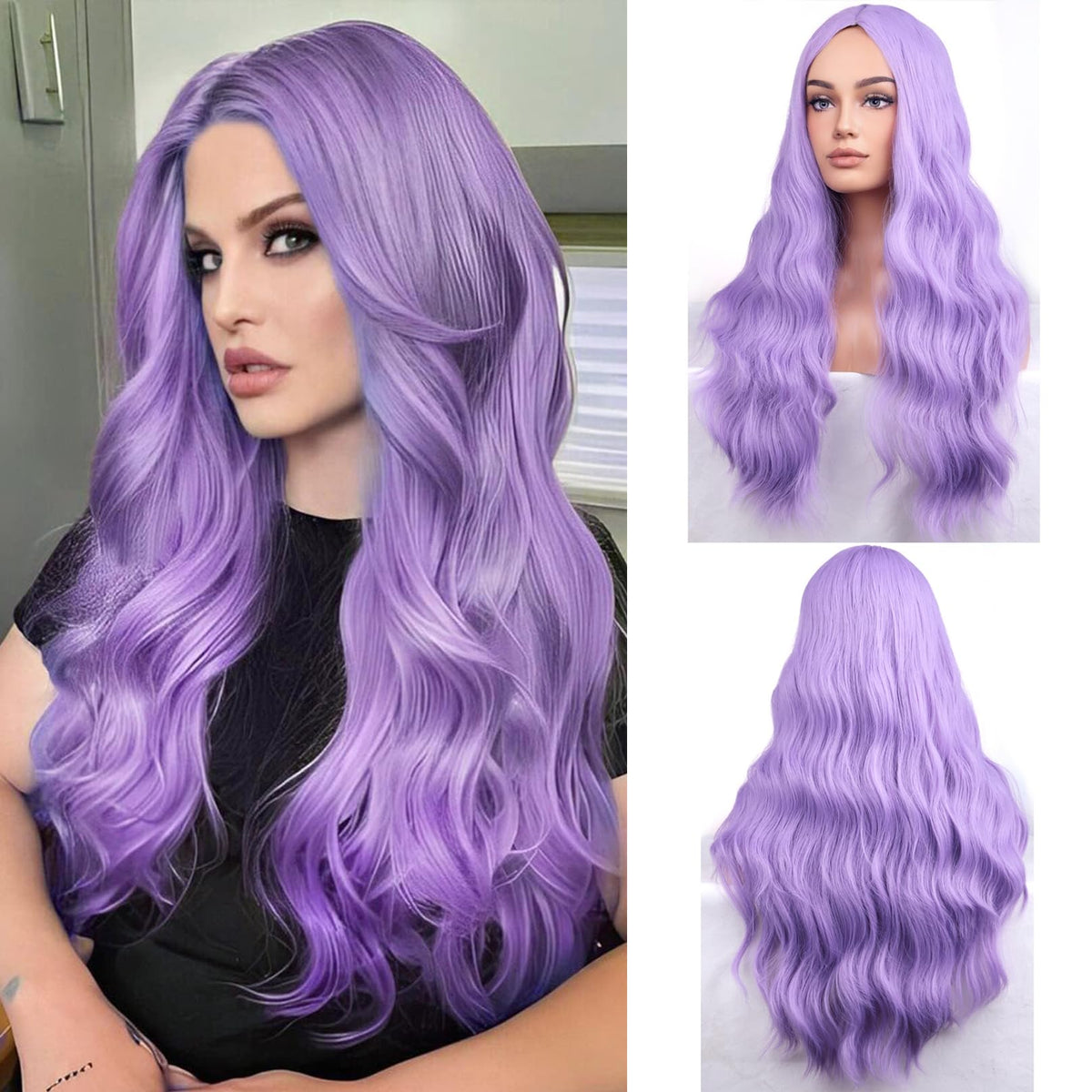 BERON Light Purple Wavy Long Wig 28 Inch Synthetic Hair for Women Girls Daily & Cosplay Use