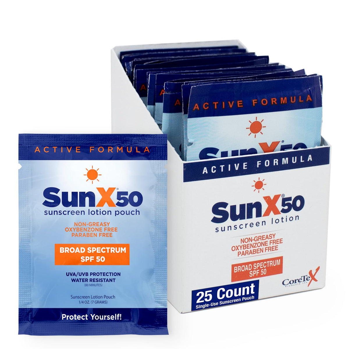 Coretex Sun X 50 Spf Sunscreen Packets, Travel Size 25Ct, Oil Free, Uva/Uvb, Water Resistant