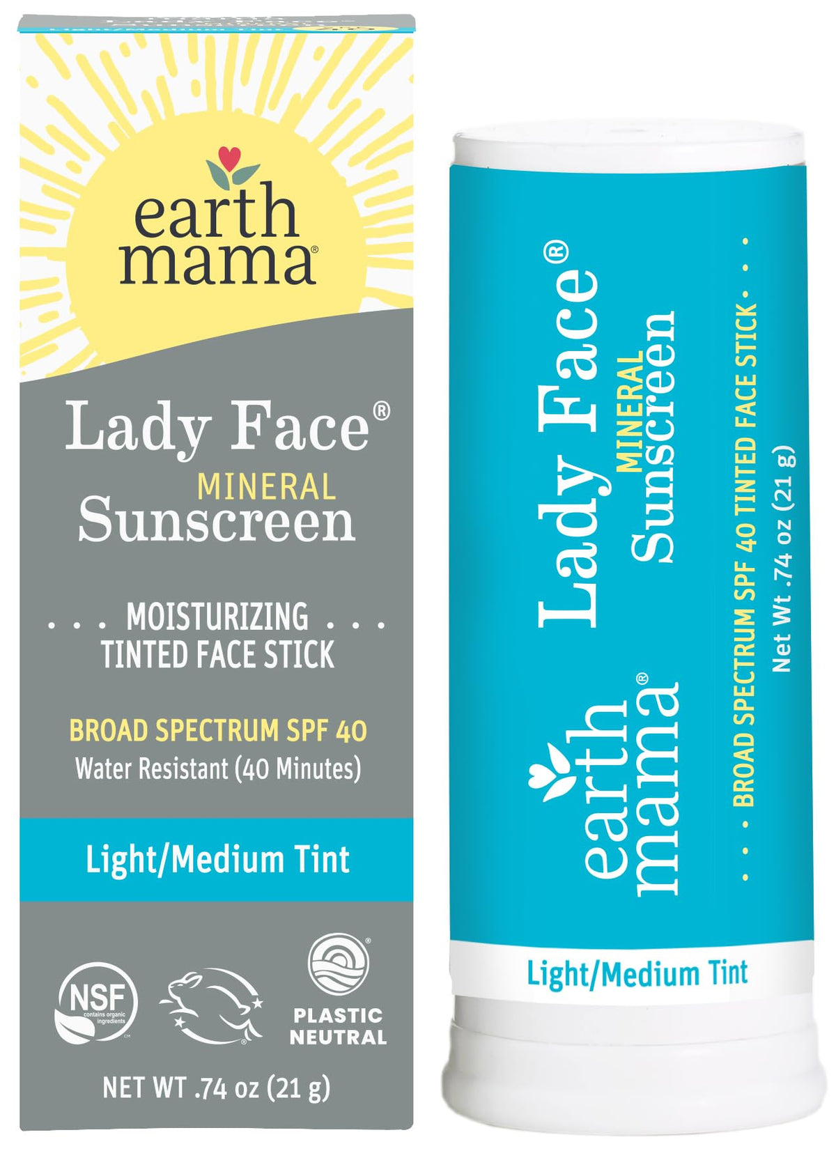 Earth Mama Tinted Mineral Sunscreen Stick Spf 40 - Light/Medium, Organic Shea & Cocoa Butter