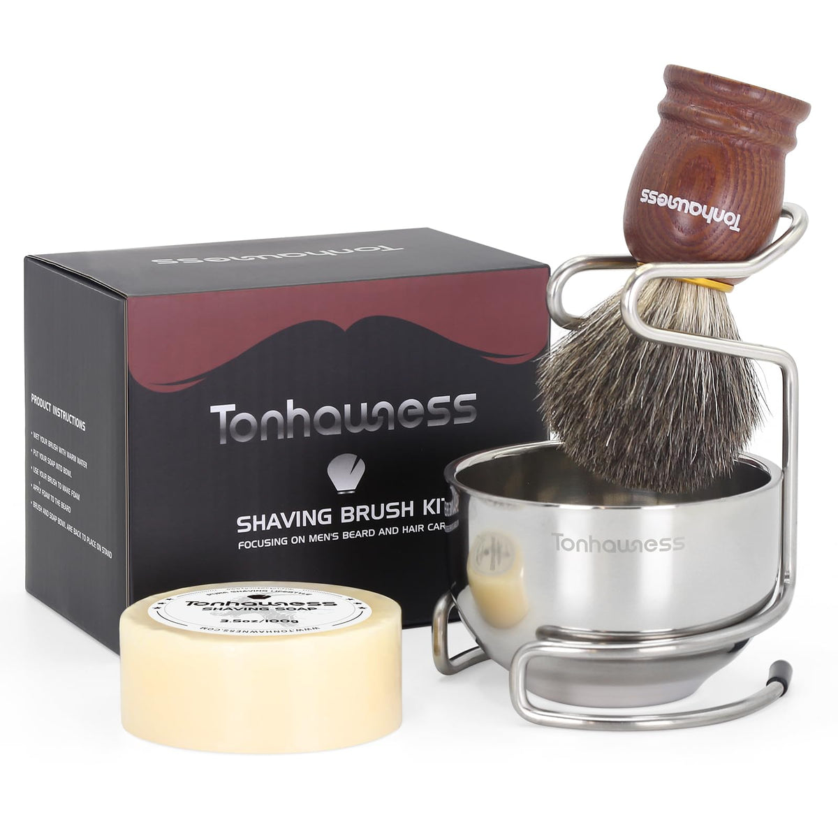 Tonhawness 4-In-1 Shaving Brush Kit For Men - Badger Hair Brush, Bowl, Stand & Soap Set