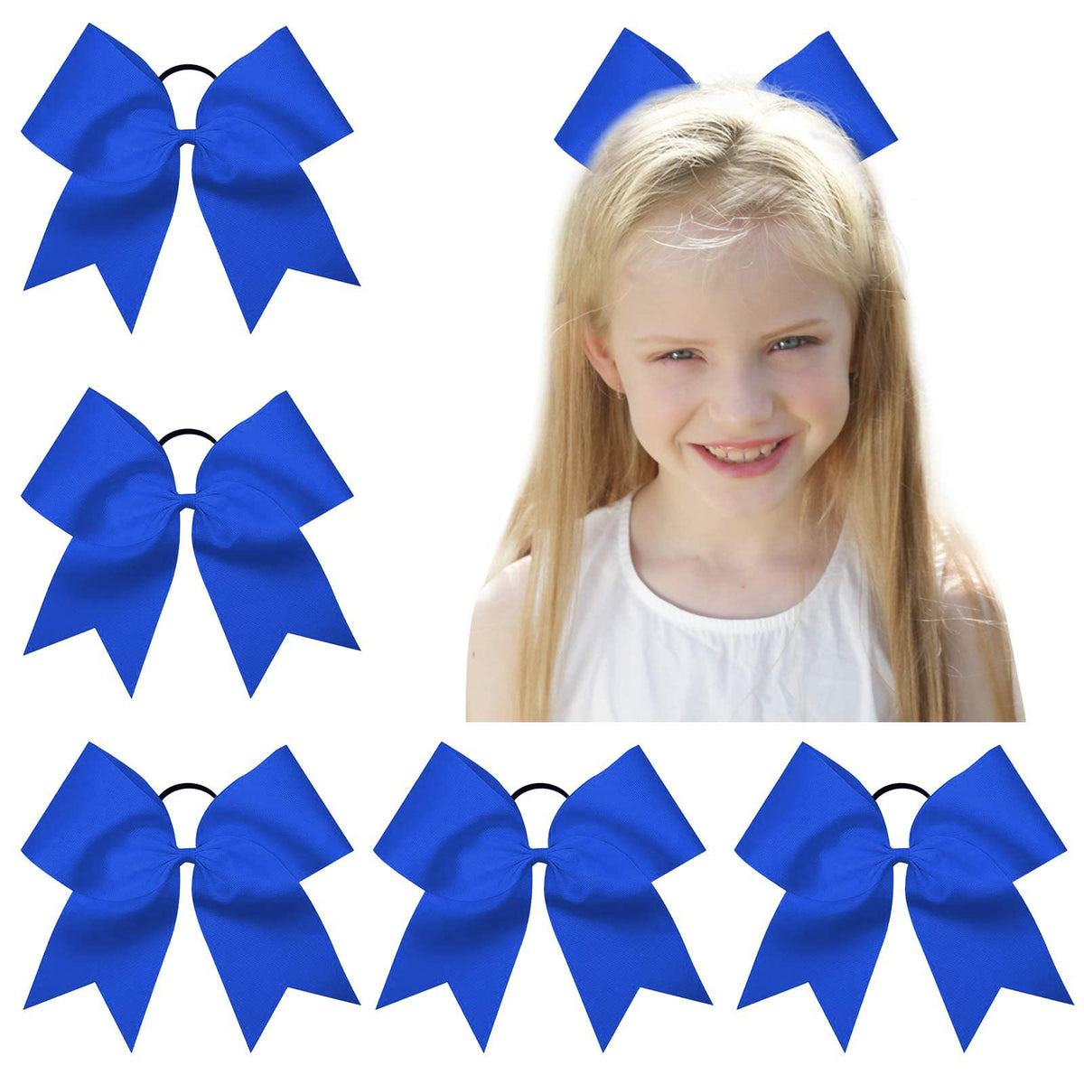 OAOLEER 8&quot; Royal Blue Jumbo Cheer Bows - 5PCS Elastic Ponytail Holders for Girls & Women