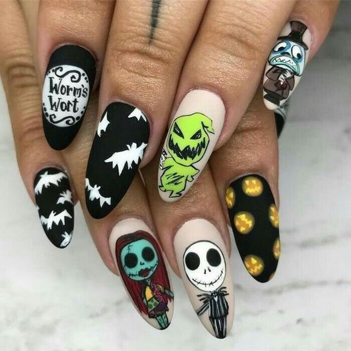 Ocouyvd Halloween Press On Nails - Skull Pumpkin Bats, Matte Full Cover Acrylic, Medium Length