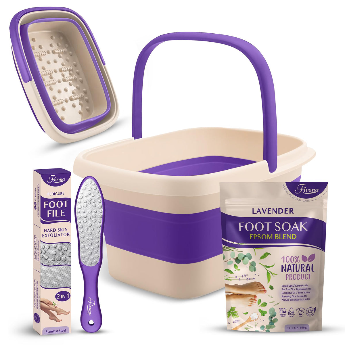 Fivona Foot Care Kit - 3 In 1 Foot Soak With Epsom Salt & Essential Oils, Collapsible Basin