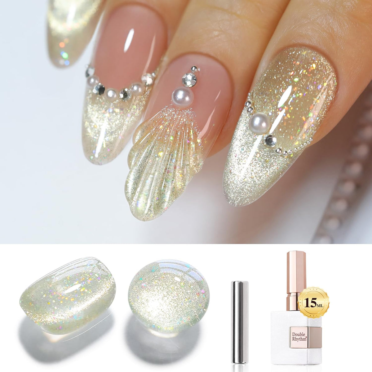 Double Rhythm Cat Eye Gel Polish 0.5Oz - Holographic Glitter Light Yellow Magnetic Nail Polish