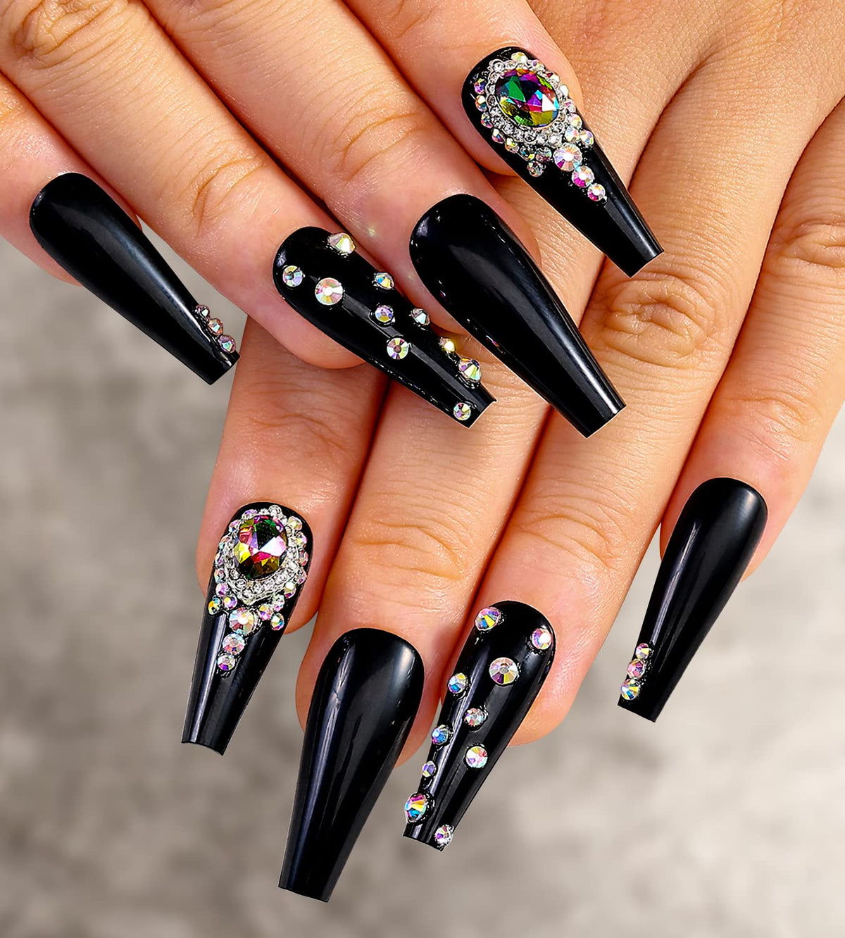 Artquee 24Pcs Luxury Press On Nails With Rhinestones, Black Ballerina Long Coffin Glossy