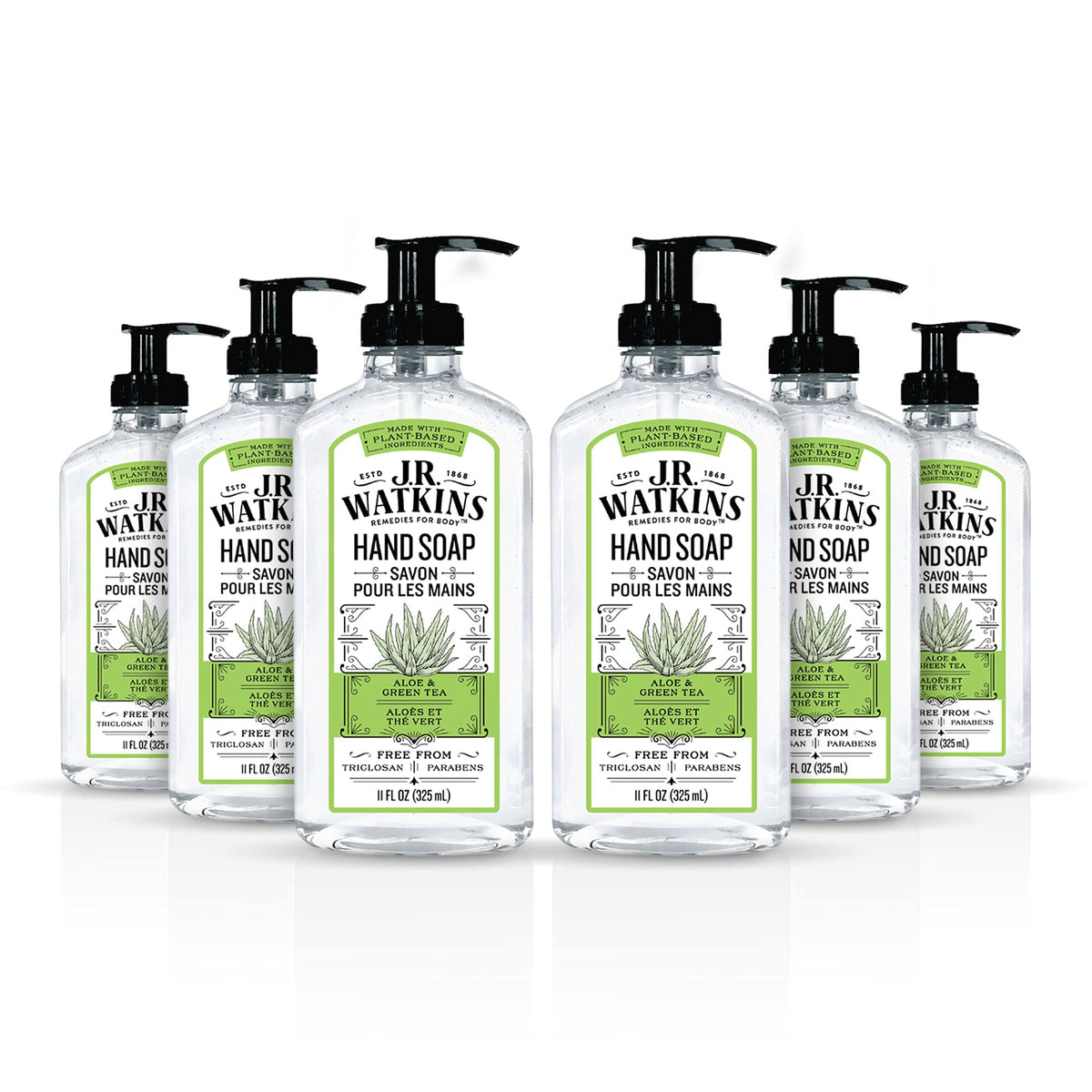 J.R. Watkins Gel Hand Soap, Aloe & Green Tea, 11 Fl Oz, 6 Pack, Usa Made, Cruelty