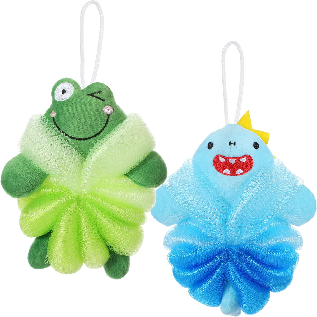 Nuenen 2 Pcs Kids Bath Loofahs - Cute Shark & Frog Sponges For Toddler Shower Washing