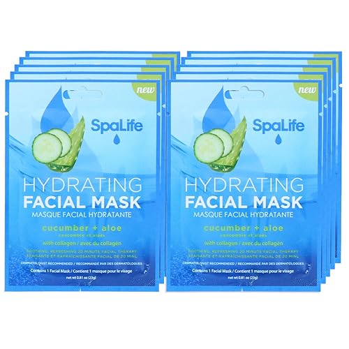 Spalife Korean Facial Masks - Hydrating, Anti-Aging, Detoxifying - 10 Count (Cucumber + Aloe)