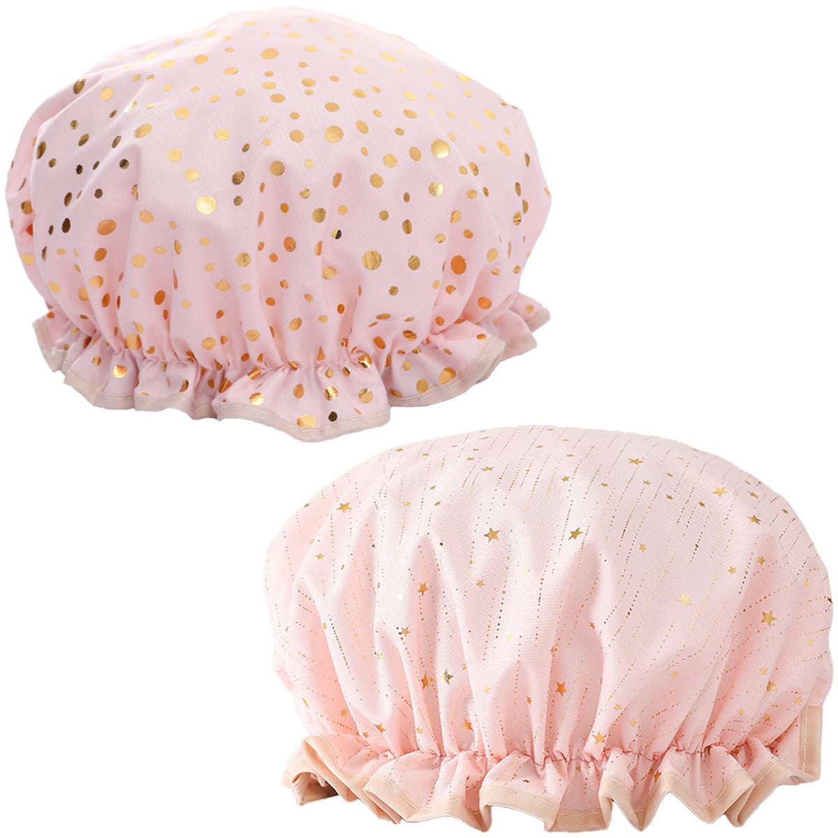 Qeuly Waterproof Shower Cap 2 Pack, Reusable Elastic Hair Bath Caps For Women - Pink Dots/Star