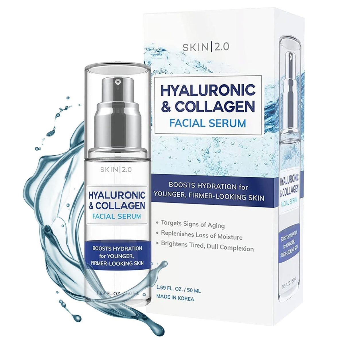 Skin 2.0 Hyaluronic Acid & Collagen Serum - Anti-Aging, Hydrating, Dermatologist Tested, 1.69