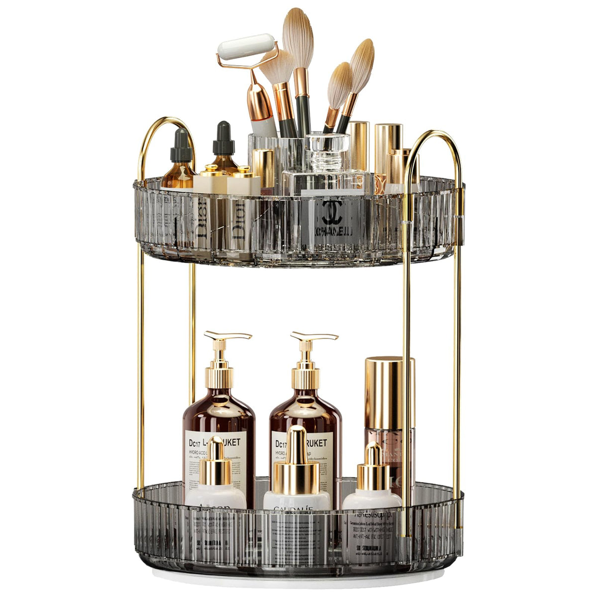 Oifecsie 360° Rotating Makeup Organizer - Large Capacity 2 Tier Cosmetic Storage, Light Gray