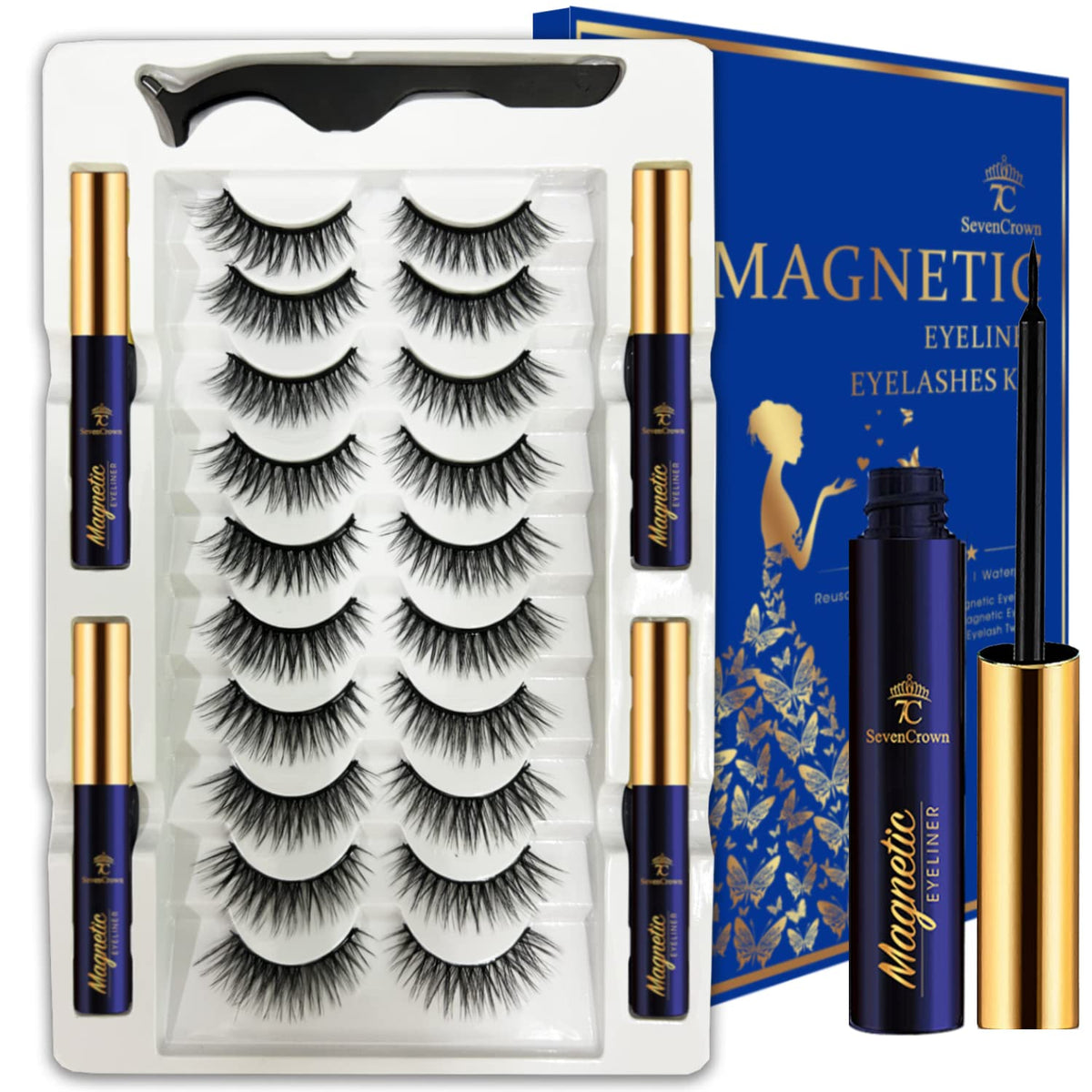 7C Sevencrown 10 Pairs Magnetic Eyelashes Kit With Liner - Reusable Cat-Eye Faux Mink Lashes