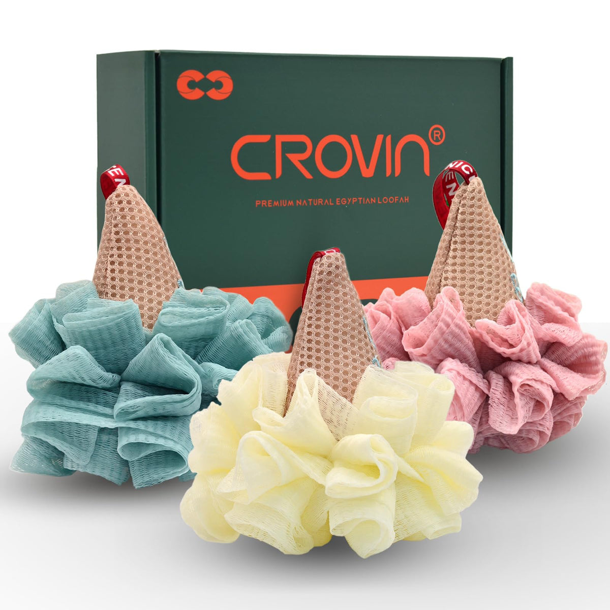 Crovin Ice Cream Shower Pouf Set Of 3 - Exfoliating Bath Sponge Balls For All Ages, Multi Colors