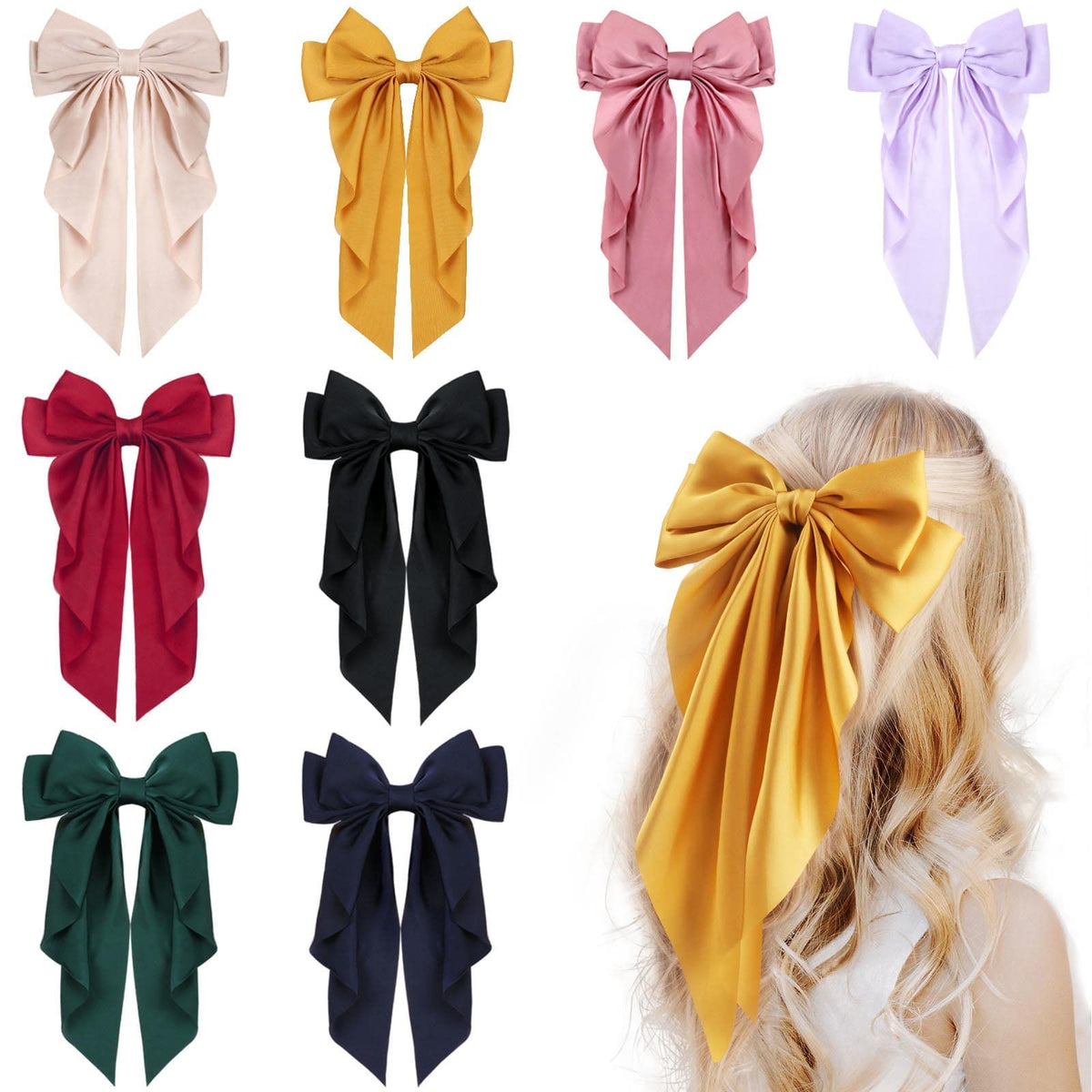 Vobobe 8 Inch Satin Layered Hair Bows - 8Pcs Black Ribbon Clips For Women & Girls