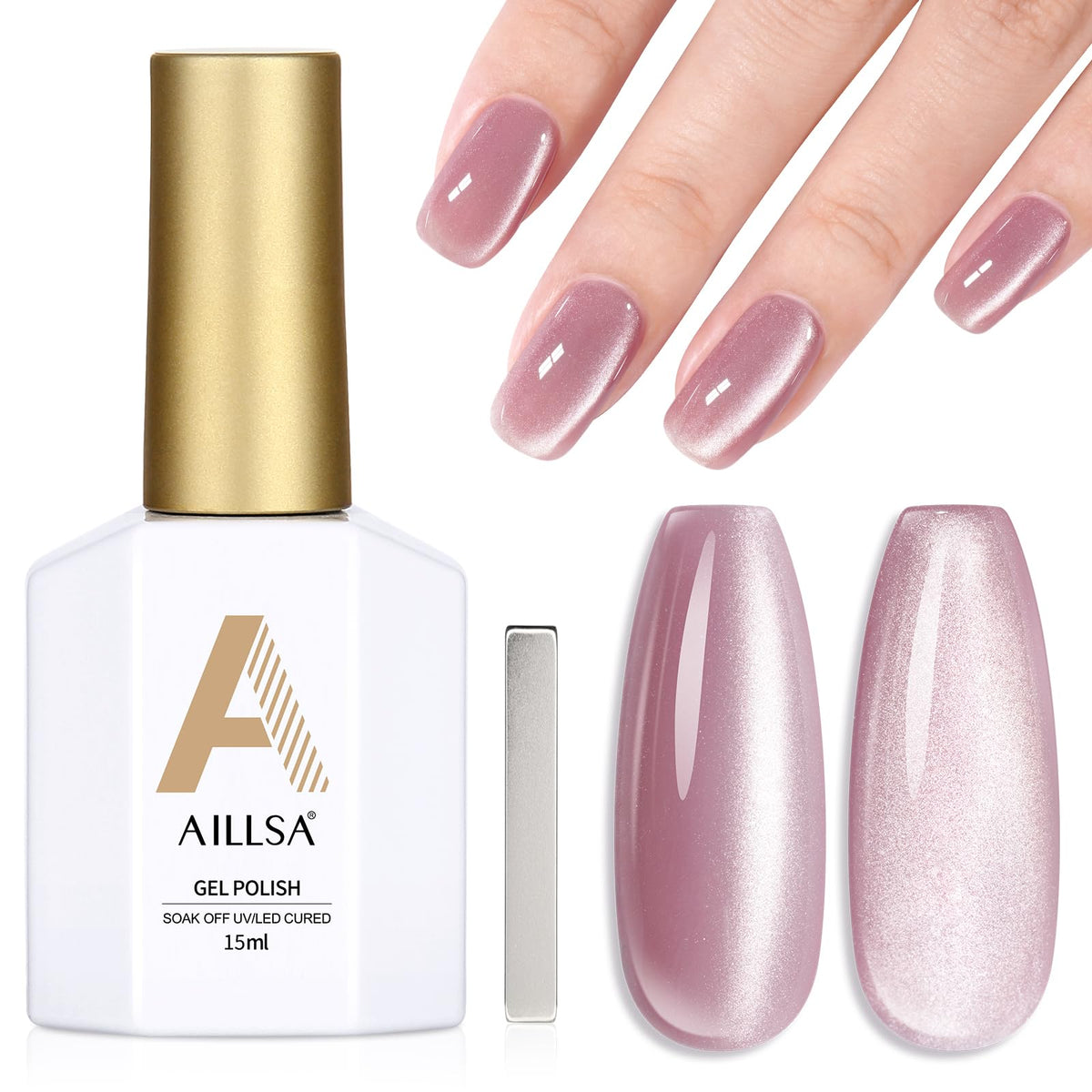 Aillsa Nude Pink Cat Eye Gel Nail Polish - Shimmer Glitter Uv Gel 0.5 Fl Oz For Diy Nail Art