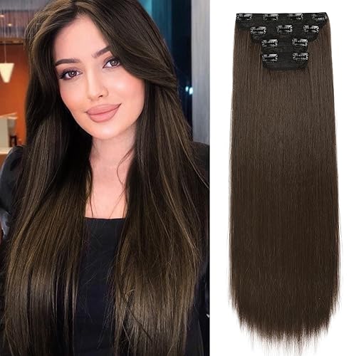 REECHO 28&quot; Chocolate Brown Clip-in Hair Extensions - 4 PCS Thick Synthetic Set