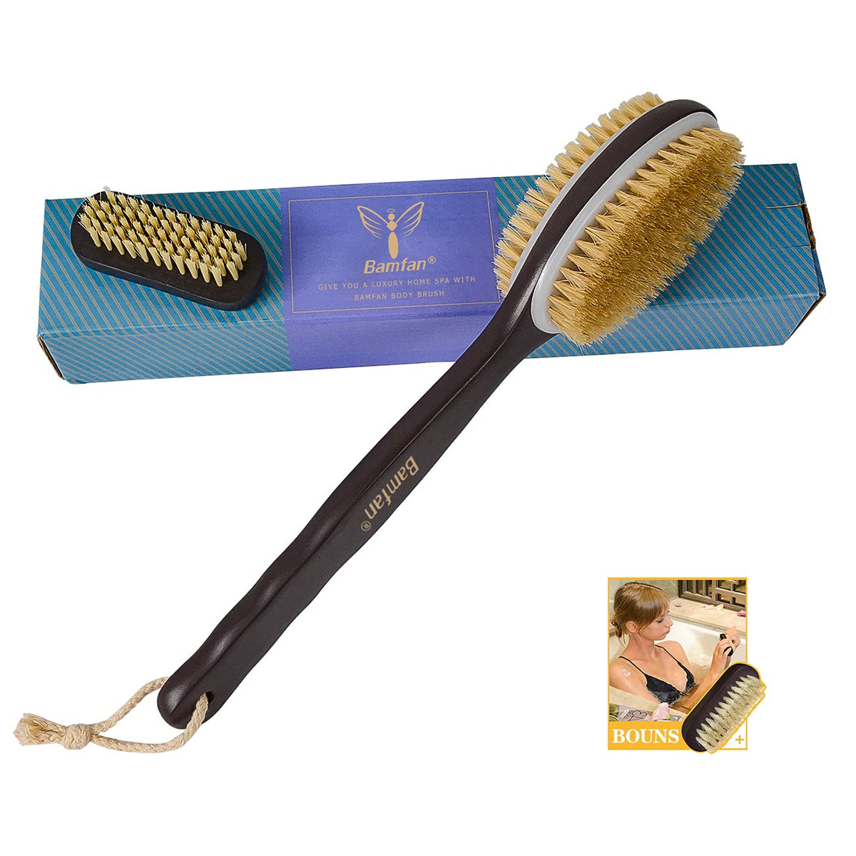 Bamfan Bath Body Brush - Soft & Stiff Bristles, Long Wooden Handle, Exfoliating Back Scrubber