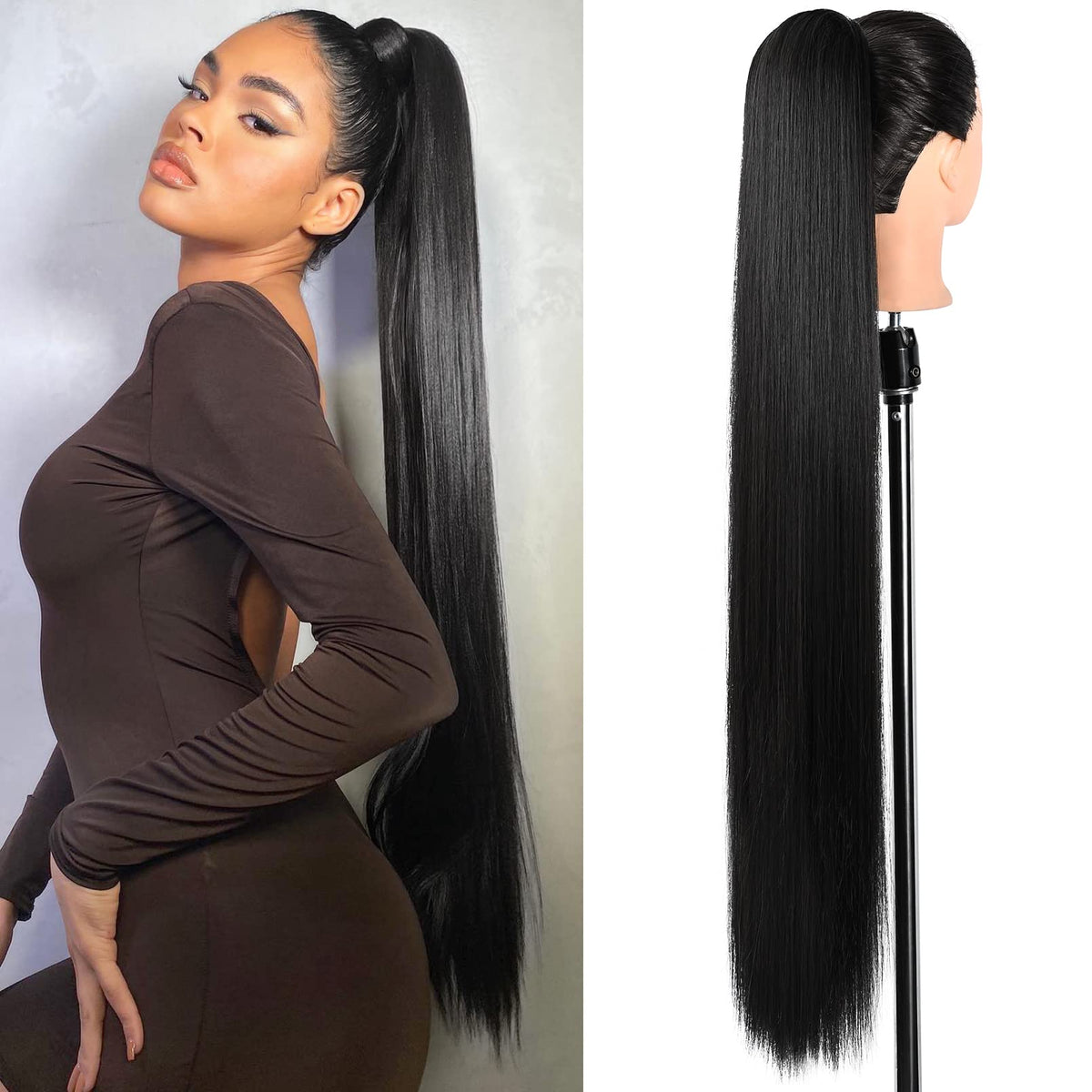 Seikea 35&quot; Black Ponytail Extensions - Long Straight Synthetic Hairpiece, Heat Resistant Clip-In