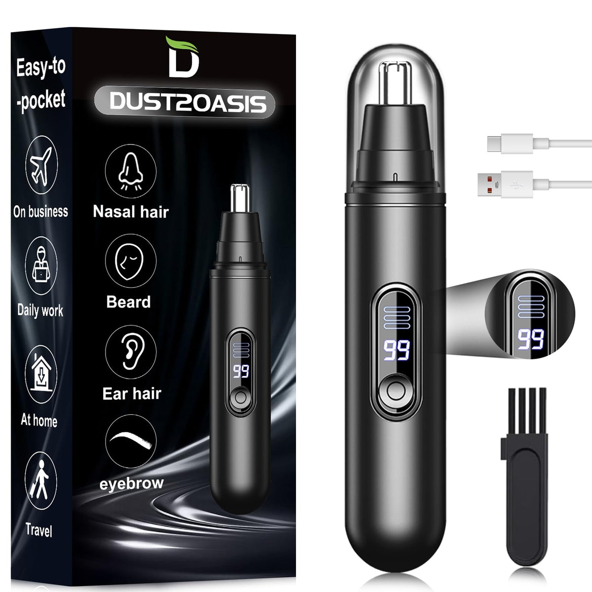 Dust2Oasis Ear And Nose Hair Trimmer – 14,000 Rpm, Led Display, Type C, Ipx7 Waterproof,