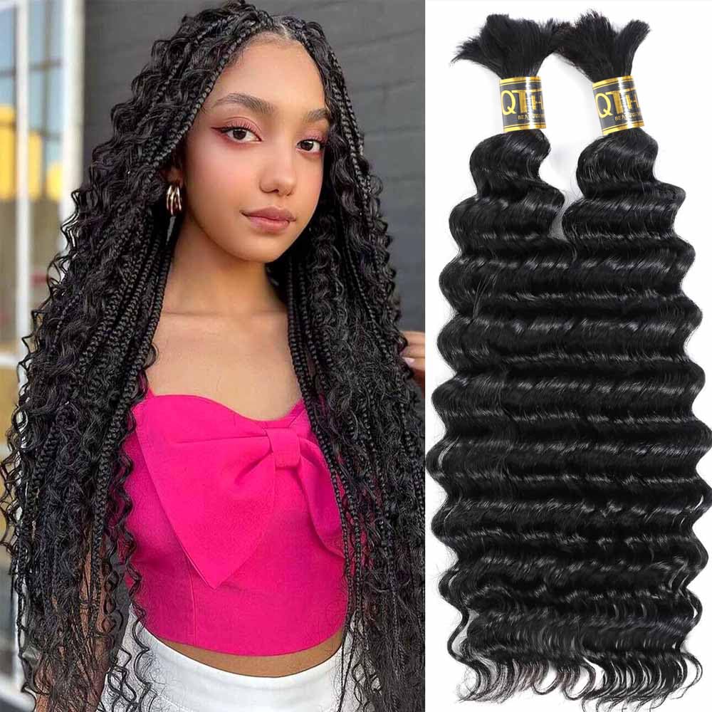 QTHAIR 14A Deep Wave Human Hair Bulk for Braiding, 22&quot; #1B Natural Black, 100g,