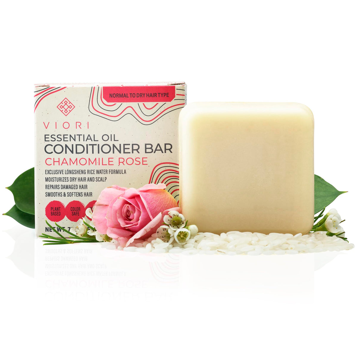 Viori Chamomile Rose Conditioner Bar - Organic, Handcrafted, Rice Water, 2.53 Oz, Pink