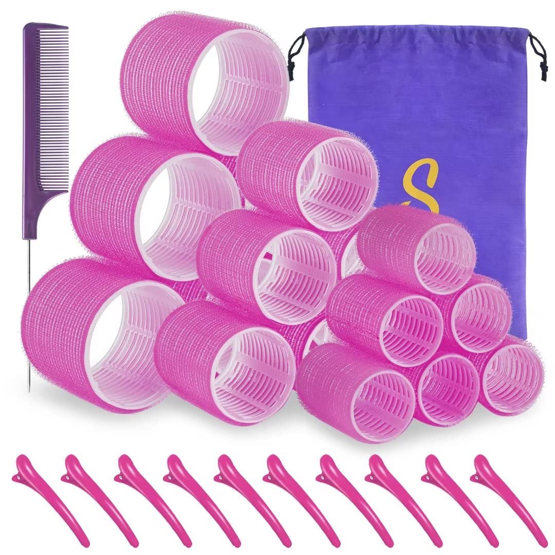 Sungenol Self Grip Hair Roller Set - 18 Pcs Rose Red Rollers With Clips & Comb For Diy Styles