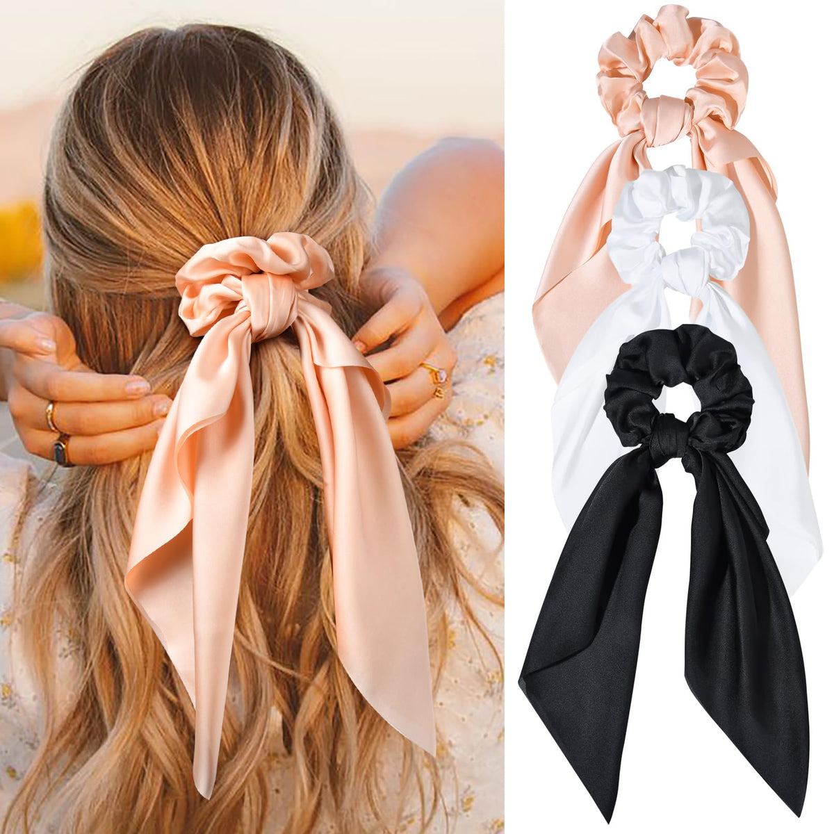 Aileam 3PCS Satin Hair Scarf Scrunchies - Elastic Hair Ties in Black White Apricot