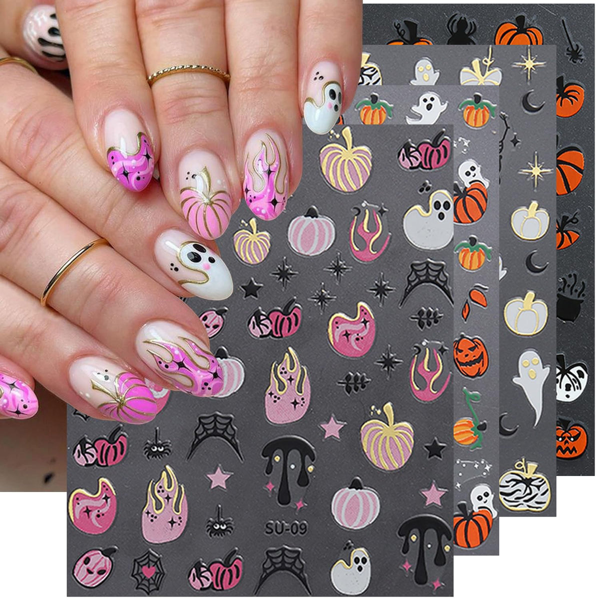 Hrejhds Halloween Nail Art Stickers - 8 Sheets Cute Ghost, Spider & Pumpkin Designs For Women