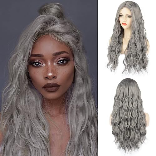 WECAN 28&quot; Gray Synthetic Wig - Long Silver Natural Wave for Women, Cosplay & Party Use