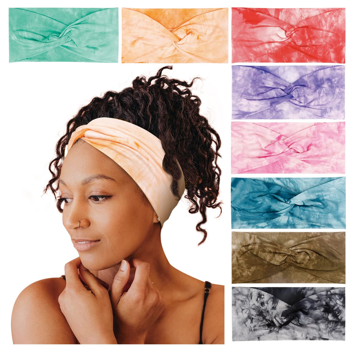 Tobeffect Tie Dye Turban Headbands For Women, 8 Pack Boho Stretchy Hair Accessories