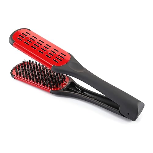 Aethland Double Sided Hair Brush Clamp Straightener with Boar Bristles - Red Hair Styling Tool