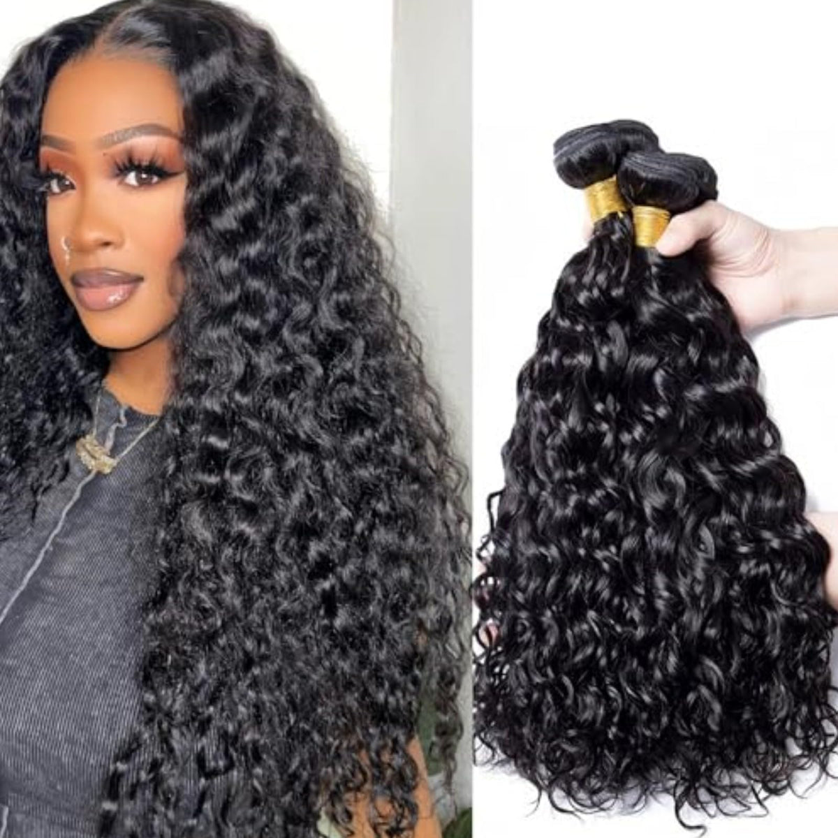 Shwair 100% Unprocessed Human Hair Water Wave Bundles, Natural Black, 22 Inch, 100G