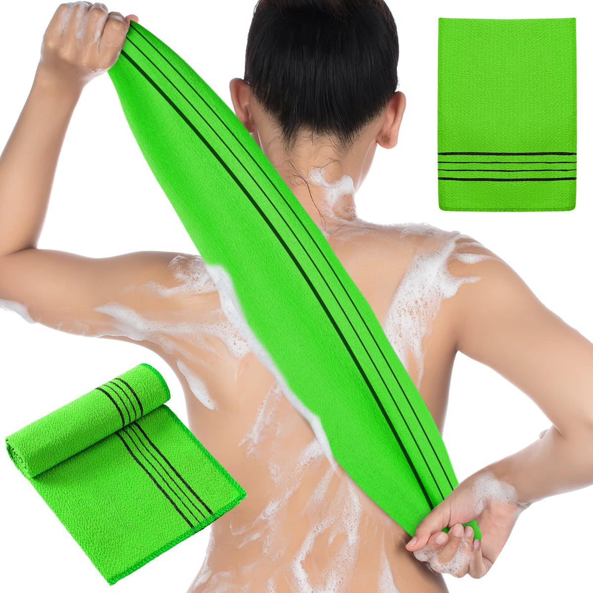 Hosuly Korean Exfoliating Washcloth & Mitts Set - Large Green Towel For Dead Skin Removal