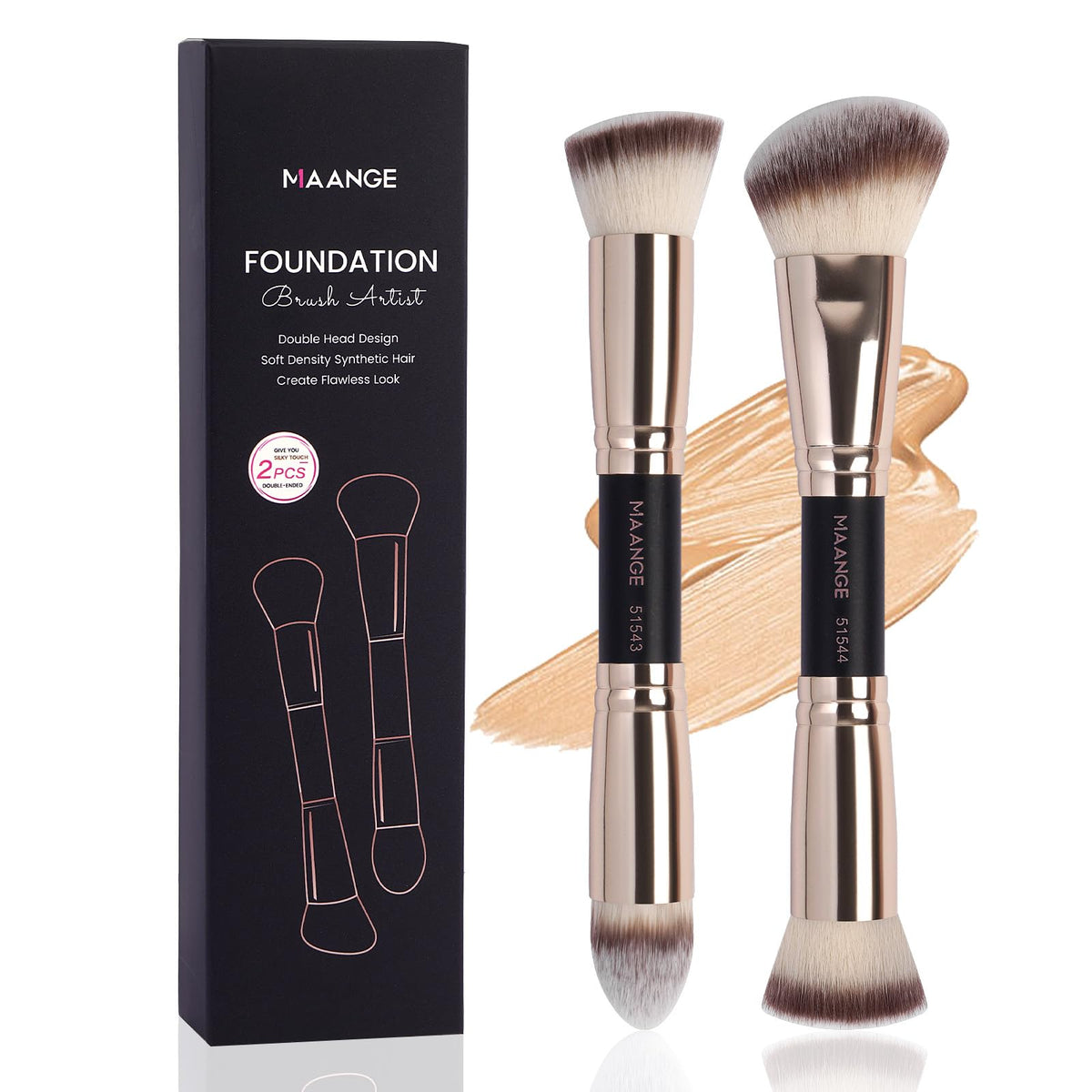 Maange 2Pcs Double-Ended Foundation Makeup Brushes For Liquid, Cream & Powder - Black/Gold