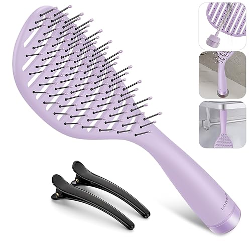 LAVONE Curved Vented Hair Brush - Faster Blow Drying, Detangler with Cleaner & Clips, Purple