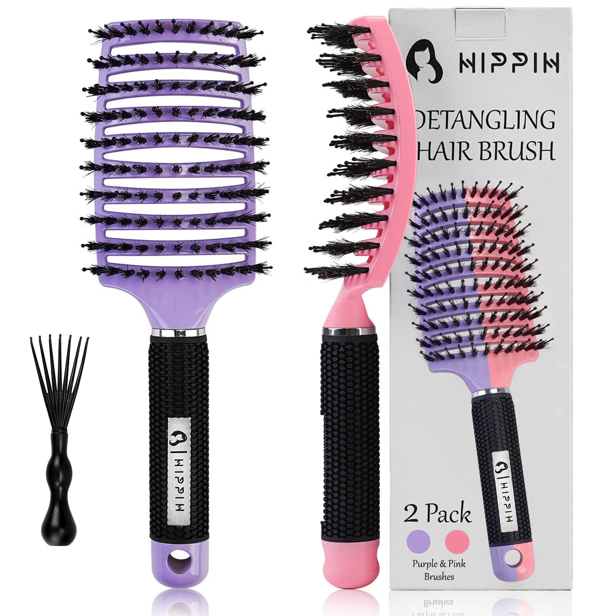 Hippih Boar Bristle Hair Brush Set Of 2 - Wet & Dry Detangling Brushes For Curly, Thick Hair