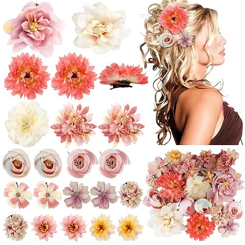 AHONEY 21 Pcs Pink Bohemian Flower Hair Clips for Women, Hawaiian Chiffon Alligator Pins