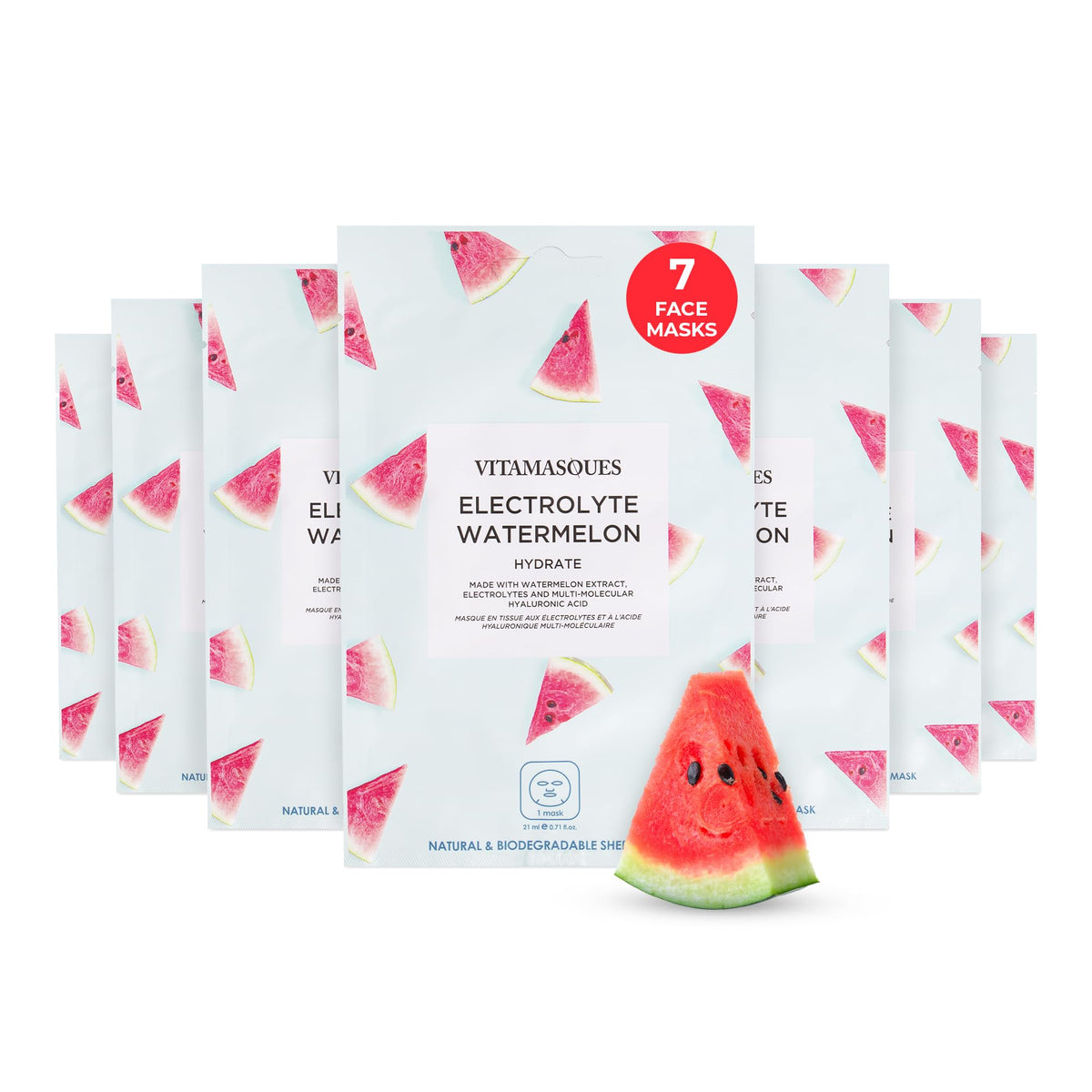 Vitamasques Electrolyte Watermelon Face Mask, 7 Pack - Hydrating, Vegan, Boosts Elasticity