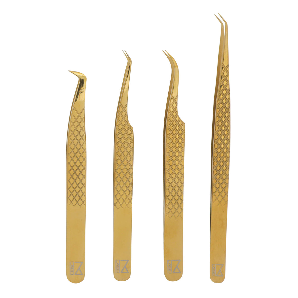 M LASH Eyelash Extensions Tweezers Set - 4 Piece Gold Precision Stainless Steel, 90° & Curve