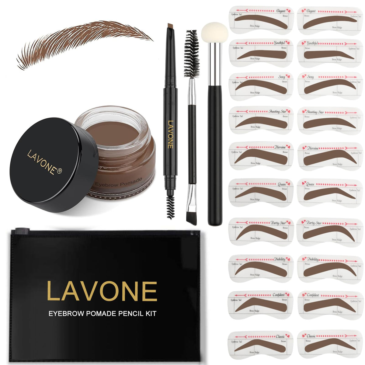 Lavone Eyebrow Stamp Kit - Waterproof Pencil, Pomade, 20 Stencils, Dual-Ended Brush - Brunette