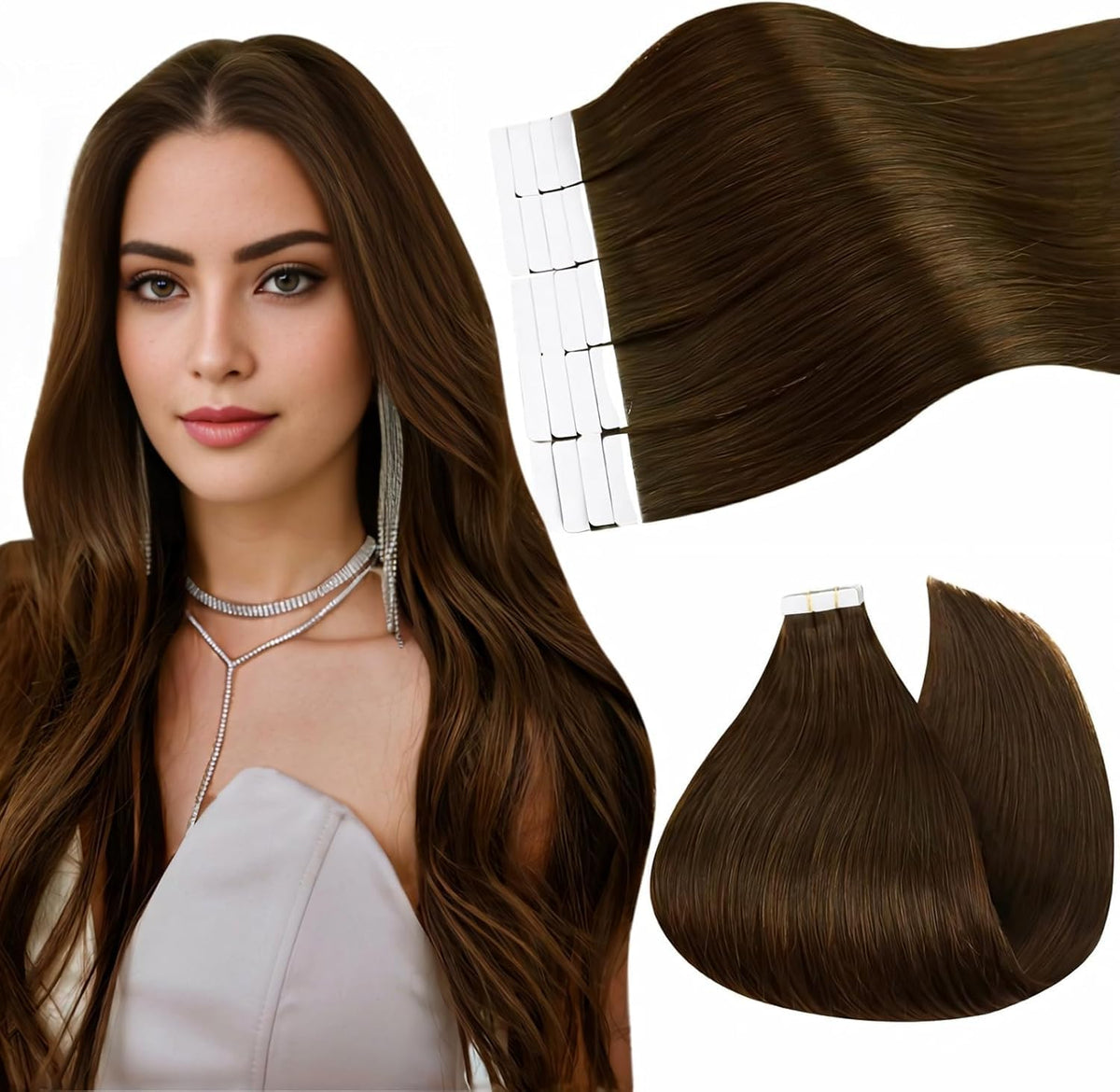 Ugeat 22&quot; Tape in Hair Extensions - Real Human Hair, Chocolate Brown, 20Pcs, 50G